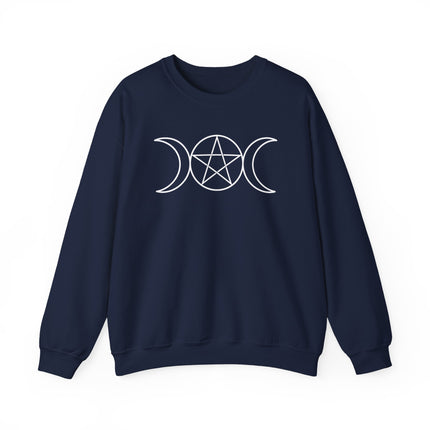 Wiccan triple moon pentagram sweatshirt featuring pagan witchcraft symbolism on a unisex pullover.