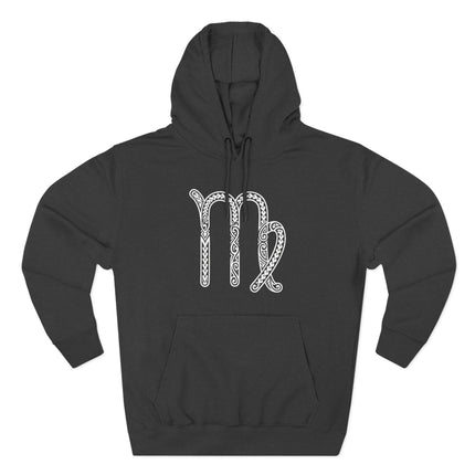 Ornate Celtic knot Virgo zodiac symbol on a black astrology pullover hoodie.