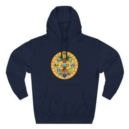 Norse Yggdrasil World Tree and Nine Realms diagram graphic on a dark pullover hoodie.