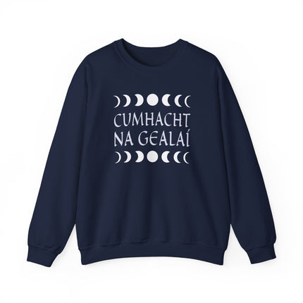 Irish Cumhacht Na Gealaí moon phase graphic sweatshirt featuring Irish text and celestial design print.