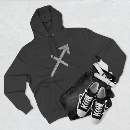 Sagittarius Celtic knot arrow design on a black astrology pullover hoodie.