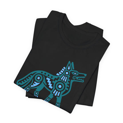 Aztec Coyote T-Shirt | Blue Geometric Mesoamerican Animal Art Tee