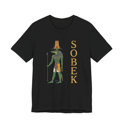 Sobek Egyptian crocodile god art on a black t-shirt with vertical name print.