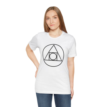 White t-shirt featuring a minimalist sacred geometry symbol for alchemy and the Philosopher's Stone.