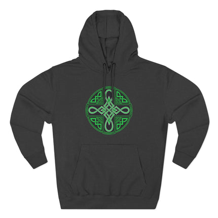 Green Celtic knotwork cross symbol on a black unisex hoodie.