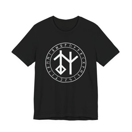 Bind rune and Futhark runes graphic on a black Norse mythology t-shirt.