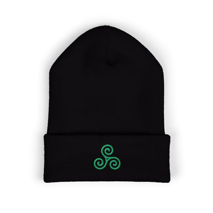 Triskelion Cuffed Beanie | Embroidered Green Triple Spiral Motif
