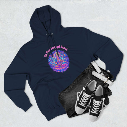 Vibrant Durga Goddess mandala art on a dark hoodie, featuring the Om Dum Durgayei Namah mantra.