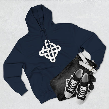 Dark blue hoodie featuring a white Celtic knotwork symbol and intricate design.