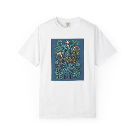 Rán, the Norse Sea Goddess, graphic design featuring waves and a fishing net.