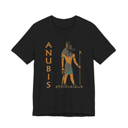 Anubis Egyptian god mythology tee on a black t-shirt, featuring jackal head art.
