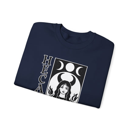 Hecate Goddess sweatshirt featuring triple moon phases, witch torches, keys, and magical symbols print.