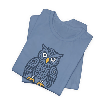 Mayan Owl T-Shirt | Rust Geometric Bird with Pale Circular Eyes Tee