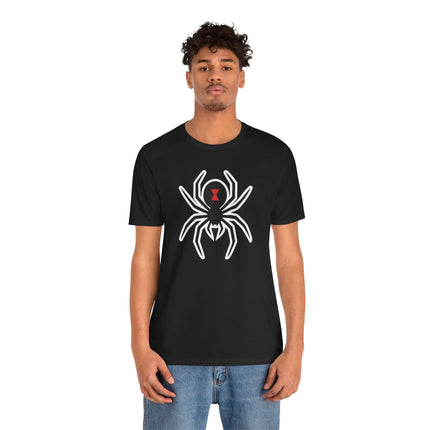 Black t-shirt featuring a white Black Widow spider graphic with a red hourglass symbol.