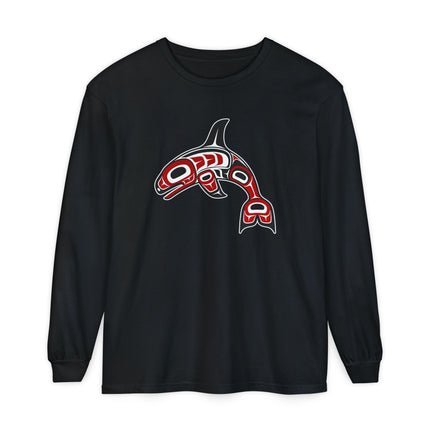 Formline Whale Long Sleeve T-Shirt | Curved Red and White Design Tee