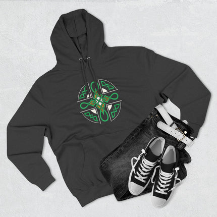 Green and gold Celtic Cross knotwork graphic on a black unisex hoodie.