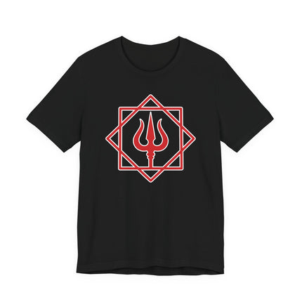 Lord Shiva trishula symbol on black geometric graphic tee.