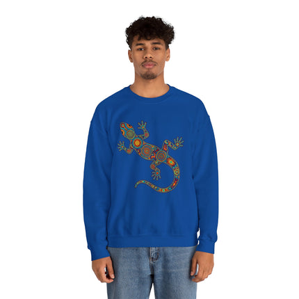 Colorful Huichol tribal lizard art graphic on blue unisex sweatshirt.