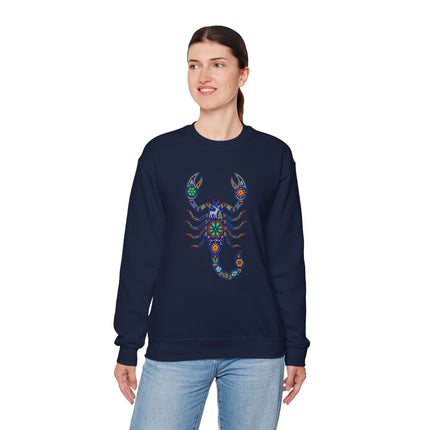 Colorful Huichol scorpion graphic on a navy blue pullover sweatshirt.