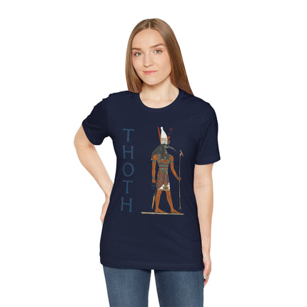 Thoth, the Egyptian god of wisdom, graphic print on a navy t-shirt.