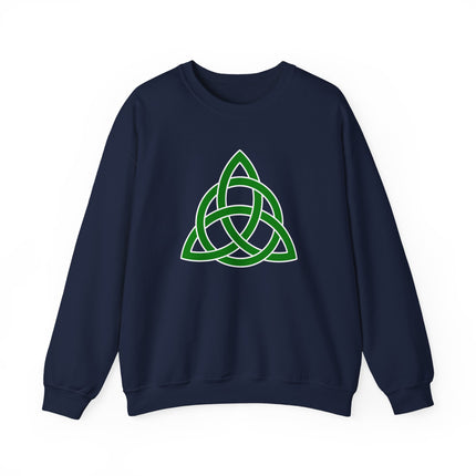 Green sweatshirt featuring a Celtic Triquetra Knot graphic print and Irish trinity design.