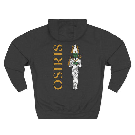 Osiris Egyptian god graphic print with name on a dark hoodie.