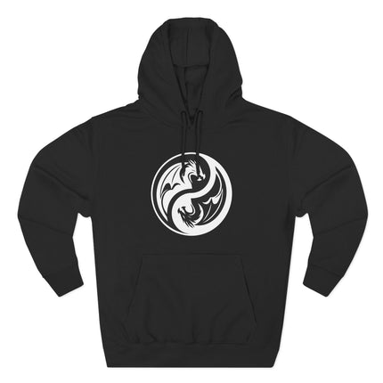 Black hoodie featuring a white and black dragon Yin Yang design, symbolizing balance and duality.