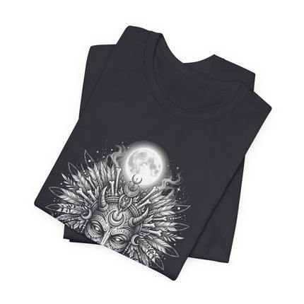 Lunar Deity Portrait Tee - Tribal Moon Mask Graphic Art T-Shirt