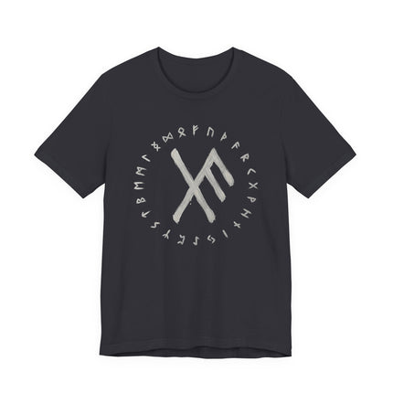 Black t-shirt with a circular Norse rune chart and central bind rune graphic.