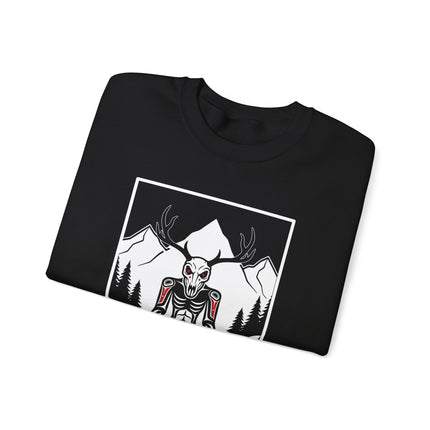 Wendigo skull and antler graphic on a forest mountain cryptid folklore pullover sweatshirt.