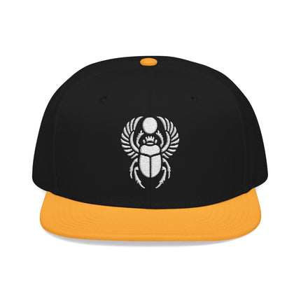 Black snapback hat with embroidered Khepri scarab beetle design, featuring orange bill.