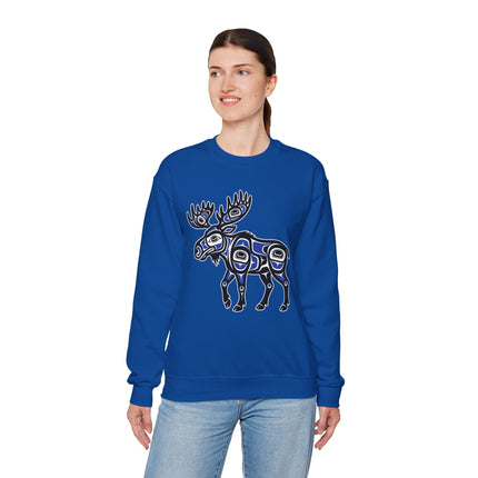 Northwest Coast Formline Art moose graphic on a blue sweatshirt.