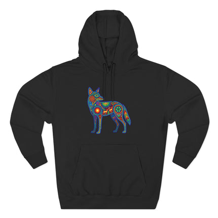 Huichol Coyote Hoodie | Colorful Indigenous Mexican Folk Art Pullover Hoodie