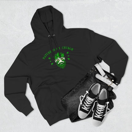 Nature Is My Church graphic hoodie featuring a Green Man and lush foliage design.