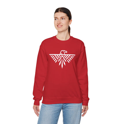 Red sweatshirt featuring a stylized geometric eagle and thunderbird graphic design.