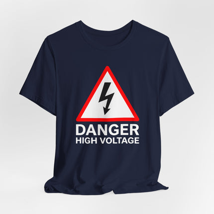 Danger High Voltage warning graphic tee. Red lightning bolt triangle on a navy shirt for electricians.