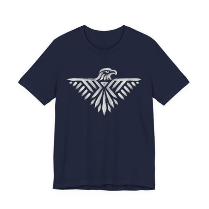 Geometric Thunderbird graphic on a navy blue t-shirt featuring tribal spirit art.