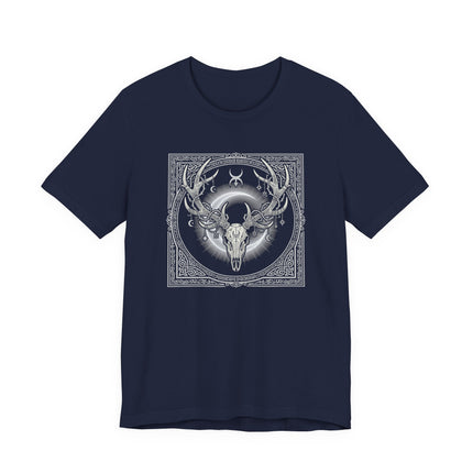 Celtic Stag Skull Art T-Shirt - Tribal Antler Crown with Moon Design