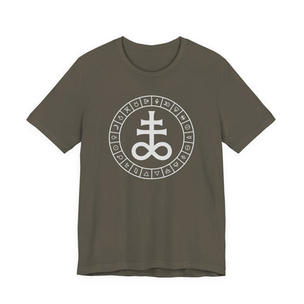 Occult alchemical t-shirt featuring the Leviathan Cross symbol surrounded by esoteric astrological signs.