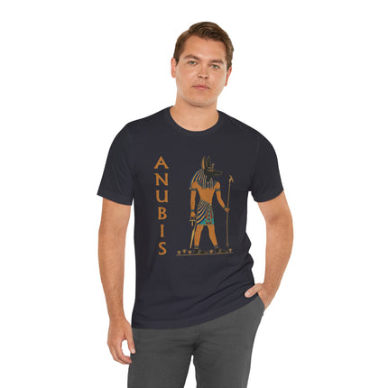 Anubis Egyptian god t-shirt featuring jackal head mythology art.