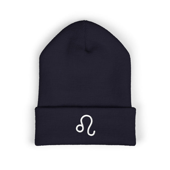 Leo Symbol Embroidered Cuffed Beanie with White Curved Astrology Glyph