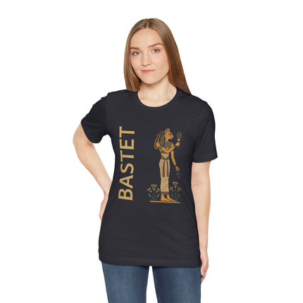 Black t-shirt featuring Bastet, the Egyptian cat goddess. Graphic design with ancient Egyptian mythology and symbols.