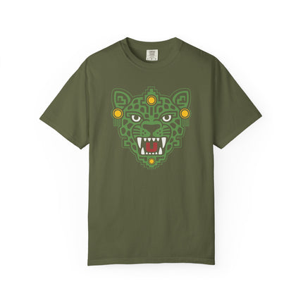 Aztec Jaguar Mask T-Shirt | Teal Feline Face with White Fang Details Tee
