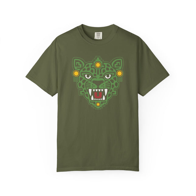 Aztec Jaguar Mask T-Shirt | Teal Feline Face with White Fang Details Tee
