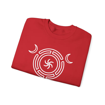 White Hecate's Wheel Triple Goddess moon symbol on a red pagan witchcraft sweatshirt.