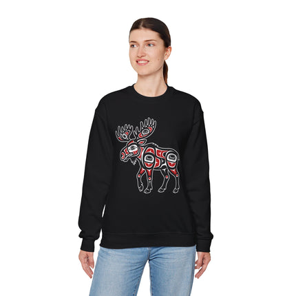 Northwest Coast Formline Art moose graphic on a black pullover sweatshirt.