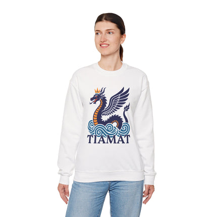 Tiamat winged dragon graphic on white sweatshirt, featuring Mesopotamian mythology art.