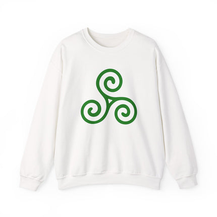 Green Celtic triskelion spiral knotwork design.