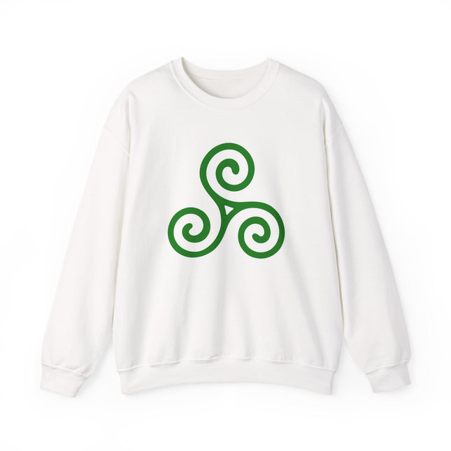 Green Celtic triskelion spiral knotwork design.
