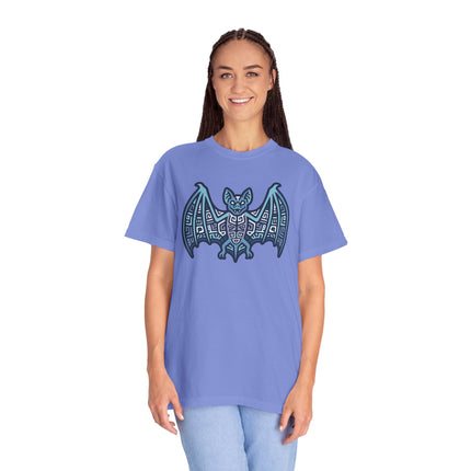 Mayan Bat Symbol T-Shirt | Tribal Geometric Blue & Indigo Graphic Tee
